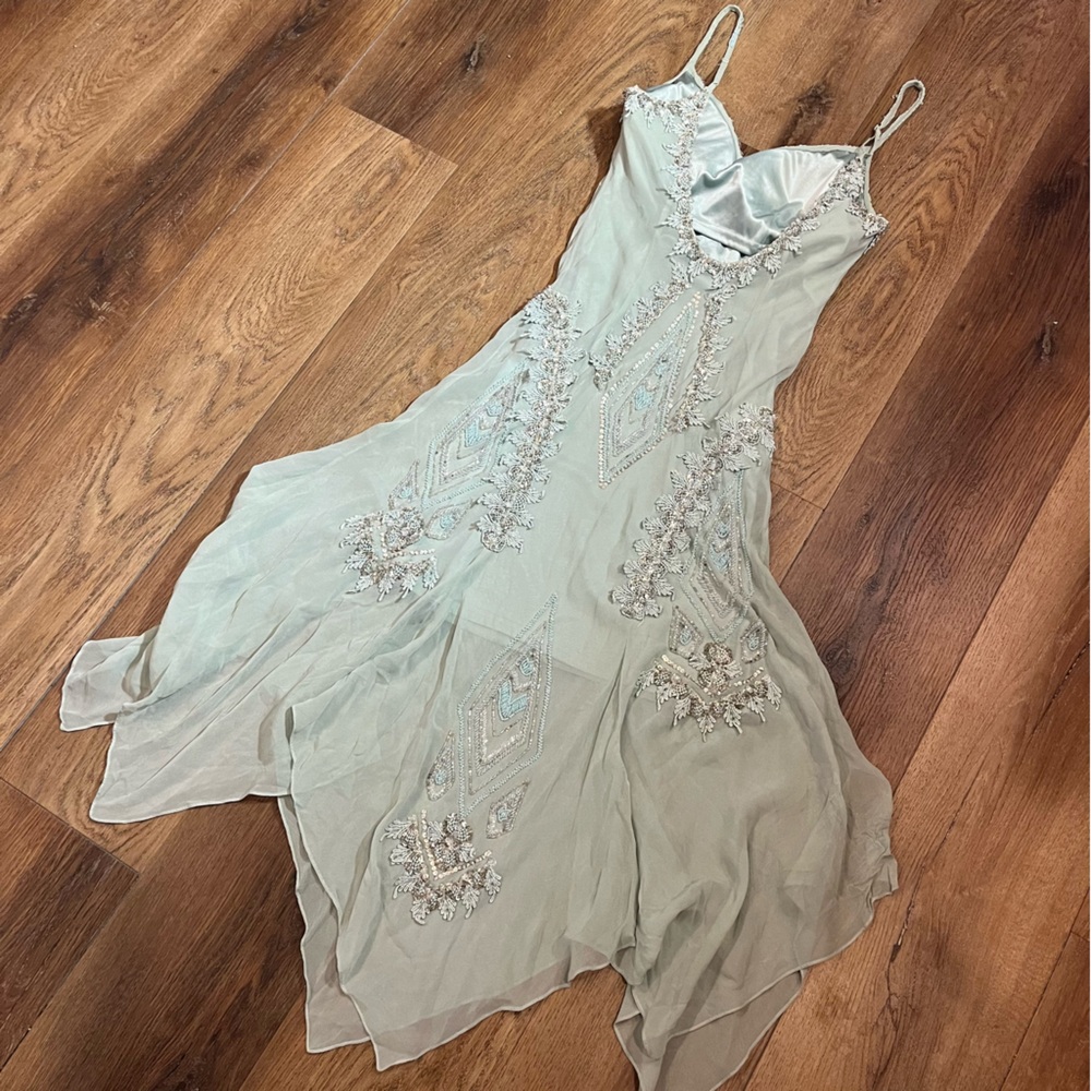 Vintage Green 100% Silk Beaded Dress Vintage Silk Dress Fairy Sue Wong Prom - Picture 13 of 17